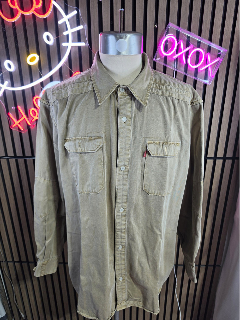 Vtg Levi's Men's XXL Beige Solid Cotton Twill Long Sleeve Button-Up Shirt Pocket